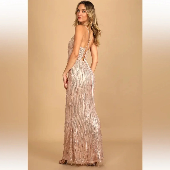LULUS Endless Festivities Rose Gold Sequin Fringe Lace-Up Maxi Dress Formal Gown - Picture 5 of 13